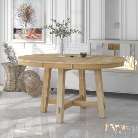 TREXM Farmhouse Round Extendable Dining Table with 16" Leaf Wood Kitchen Table (Natural Wood Wash)