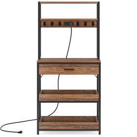 5-Tier Kitchen Baker's Rack with Power Outlets, Drawer & Sliding Shelves