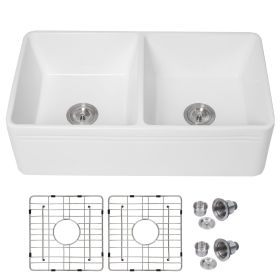 Lordear Framhouse Kitchen Sink White Fireclay Apron Front Sink (Color: White, size: 33" * 18" * 10")