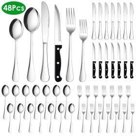 48-Piece Silverware Set Stainless Steel Flatware Cutlery Set Tableware Eating Utensils for 8 with Knife Fork Spoon Dishwasher Safe for Home Kitchen Re (Color: Silver)