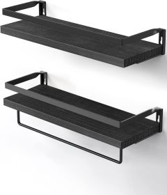 Floating bathroom shelf with towel rail; bathroom/living/kitchen/bedroom wall shelf set of 2; light brown; dark brown; black. (Color: Black)